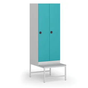 Szafka ubraniowa z ławką, 2-drzwiowa, 1875 x 600 x 500/800 mm, zamek kodowy, drzwi zielone - Szafki biurowe - miniaturka - grafika 1