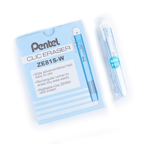 Pentel Clic Eraser ZE81 Prostokątny pióro gumowe, przezroczysty korpus, 12 szt