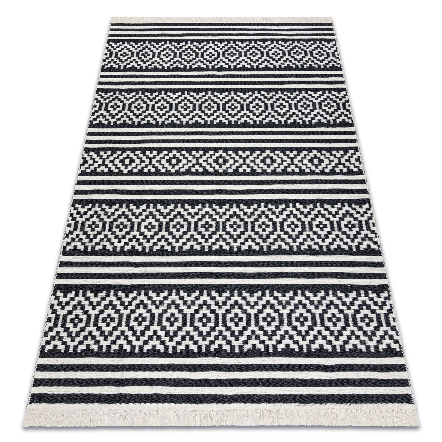 Dywan TWIN 22996 Geometryczny, pasy bawełna, dwustronny Ekologiczny frędzle - / krem czarny 140x190 cm