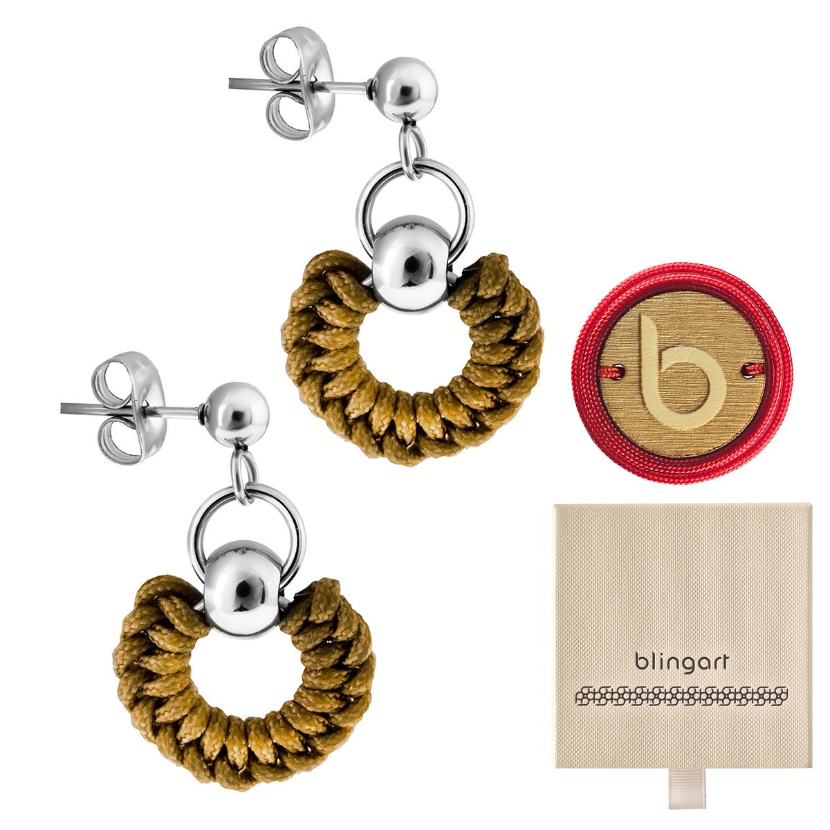 Kolczyki damskie modne stal chirurgiczna kółeczka plecionka khaki BLINGART