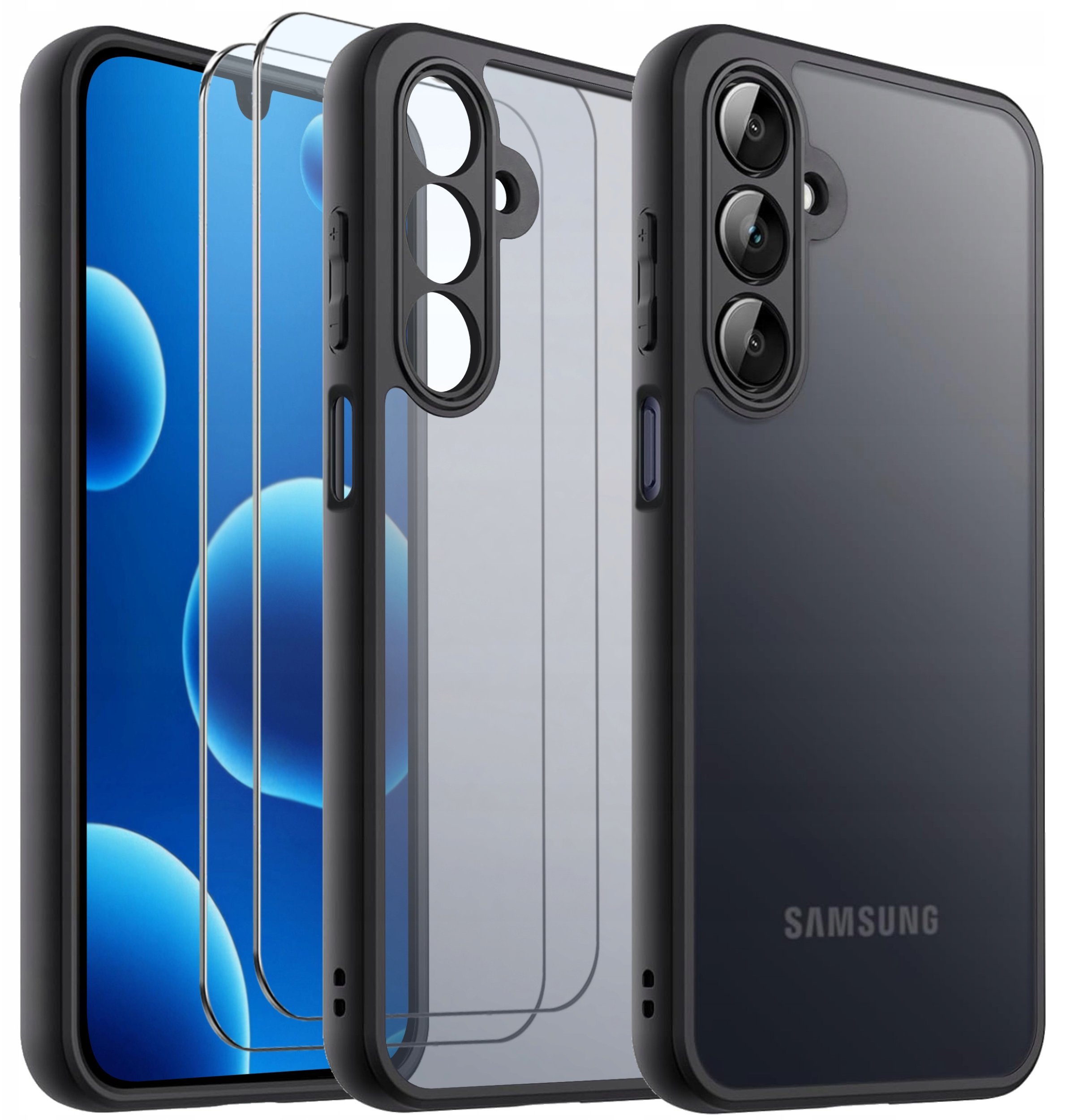 Etui do Samsung A26 5G WZMACNIANE MATOWE CZARNE PANCERNE 2x SZKŁO