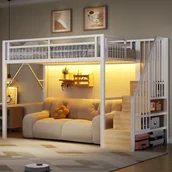 Łóżka dla dzieci i młodzieży - Łóżko piętrowe 90 x 200 cm z pojemnikiem - Rama żelazna - Diody LED - Białe (Materac nie jest wliczony w cenę) - miniaturka - grafika 1
