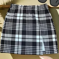 Spódnice - TEMU Elegancka Krótka Spódnica w Kratę dla Kobiet - A-Line z Rozcięciem, Biuro i Impreza, Dopasowana Bez Paska i Krótka Długość (Bez Paska), Pranie w - miniaturka - grafika 1