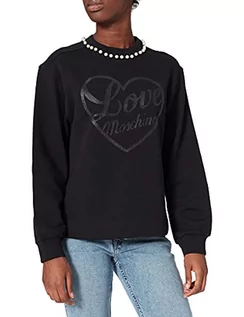 Bluzy damskie - Love Moschino Damska bluza z kapturem oversize z opadającymi rękawami, haftowana joke z tyłu, perłowy krój wokół szyi, czarny, 44 - grafika 1