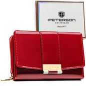 Portfele - Modny portfel damski PETERSON lakierowany mały złote okucia RFID rozbudowany na karty zatrzask i suwak elegancki burgundowy - miniaturka - grafika 1
