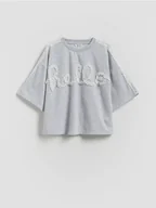 Koszulki dla dziewczynek - Reserved - T-shirt z koronkowym wykończeniem - jasnoszary - miniaturka - grafika 1
