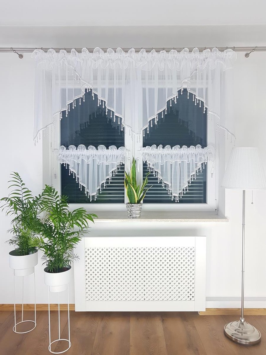 Firana do kuchni zdobiona koralikami i cyrkoniami-biała