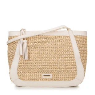 Damska shopperka z ekoskóry i plecionki beżowo - kremowa - Torebki damskie - miniaturka - grafika 1