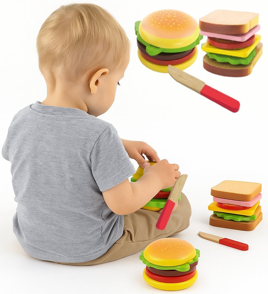 Drewniane Produkty Spożywcze do Krojenia HAMBURGER I TOST jedzenie warzywa Viga montessori