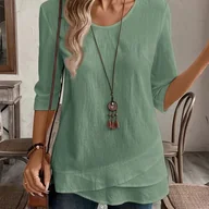 Bluzki damskie - TEMU Bluzka Damska Casual 3/4 Rękaw Asymetryczny Fason - Okrągły Dekolt, Jednokolorowa Koszulka, Regular Fit, Wszechsezonowa Bluzka na Codzień, - miniaturka - grafika 1