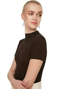 TRENDYOL Damska bluzka z wysokim kołnierzem, jednokolorowa, podkreślająca figurę, brązowy, S - Bluzki damskie - miniaturka - grafika 1