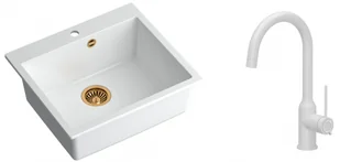 Quadron Zlewozmywak granitowy jednokomorowy 57*50*22 cm MORGAN 110 SNOW WHITE z miedzianym odpływem z baterią INGRID Q LINE SNOW WHITE kolor biały mat - Zlewozmywaki z baterią - miniaturka - grafika 1