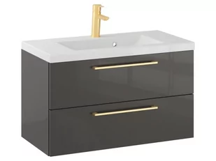 Szafka Wisząca Z Umywalką RON 80 cm - Titan Wysoki Połysk - Uchwyty Złote Szczotkowane - Szafki łazienkowe - miniaturka - grafika 1