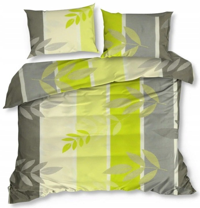 Pościel bawełniana paski liście listki szaro seledynowa 140x200 70x80