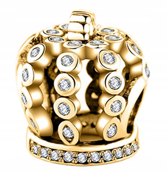 Złoty Charms Korona w Cyrkoniach Crown z Białymi Cyrkoniami SREBRO 925