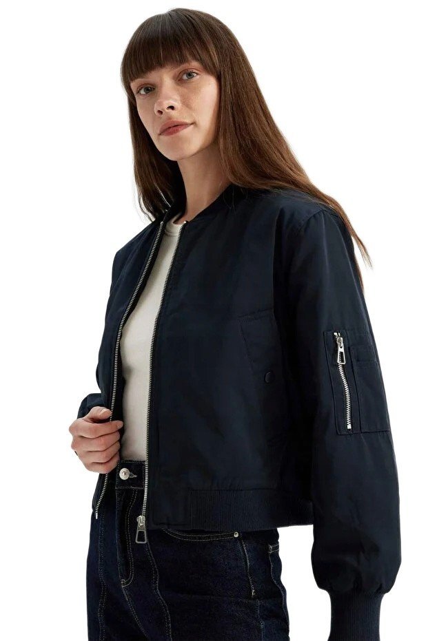 DEFACTO KRÓTKA KURTKA DAMSKA BOMBER GRANATOWA Z ZAMKIEM L 5FA