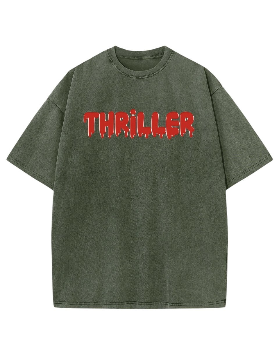 Męska koszulka oversize efekt sprania z napisem Thriller Film Khaki L