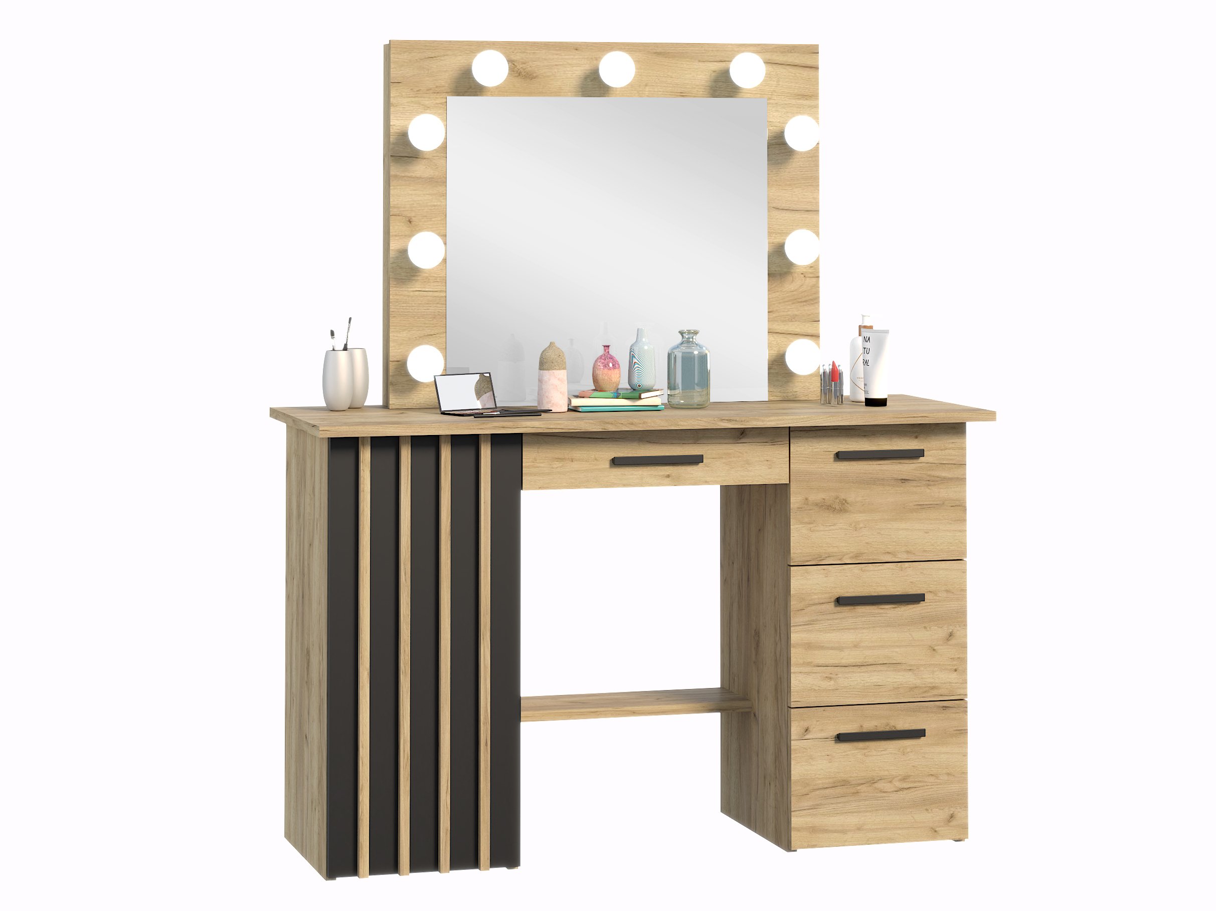 Meblowa1 toaletka z oświetleniem, MONTANA B120 9 żarówek LED, lustro w stylu Hollywood, 4 szuflady, 1 zamykana szafka, w kolorze dębu craft