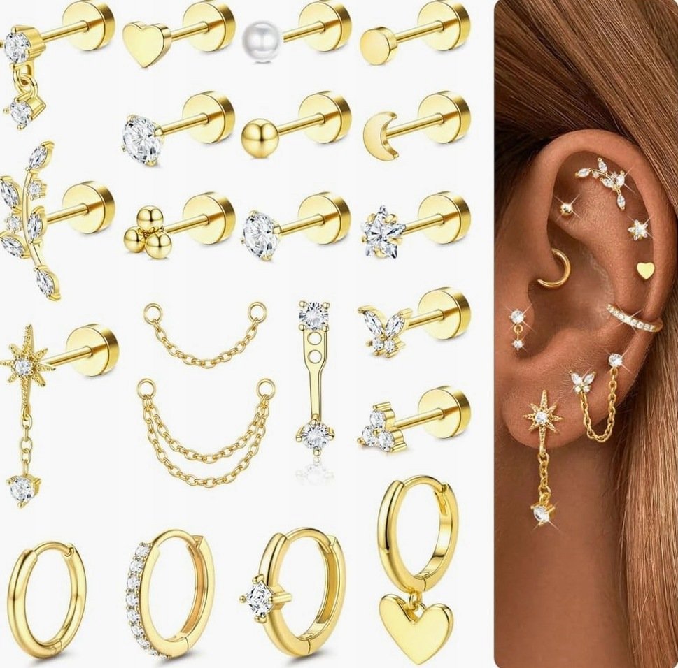 KOLCZYKI 21 SZTUK ZESTAW CHIRURGICZNE STAL HIPOALERGICZNE MULTI PIERCING