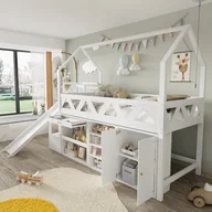 Łóżka dla dzieci i młodzieży - Łóżko piętrowe dla dzieci 90 x 200 cm - drewno lite - zjeżdżalnia, szuflady i szafka - białe - miniaturka - grafika 1