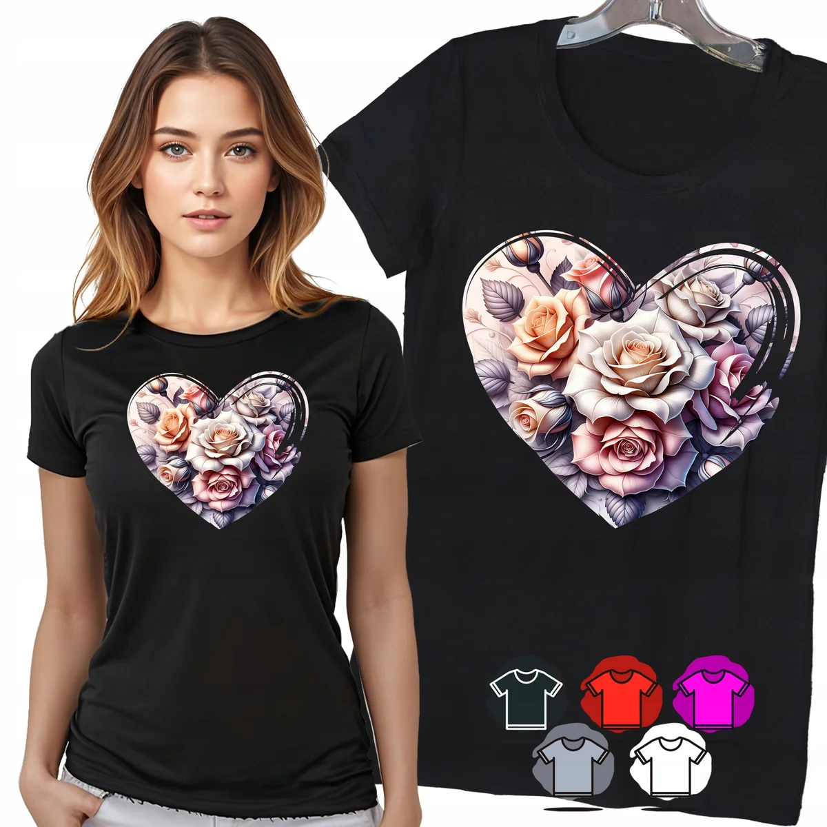 KOSZULKA DAMSKA T-SHIRT - SERCE Z RÓŻAMI PASTELOWE KWIATY WZÓR MODA - XL