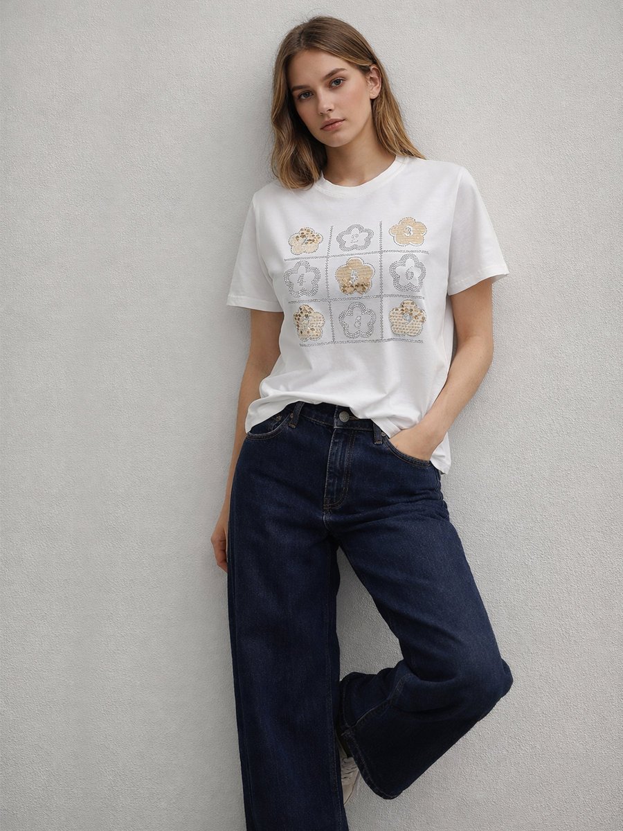 T-shirt z cekinami i kryształkami M ecru