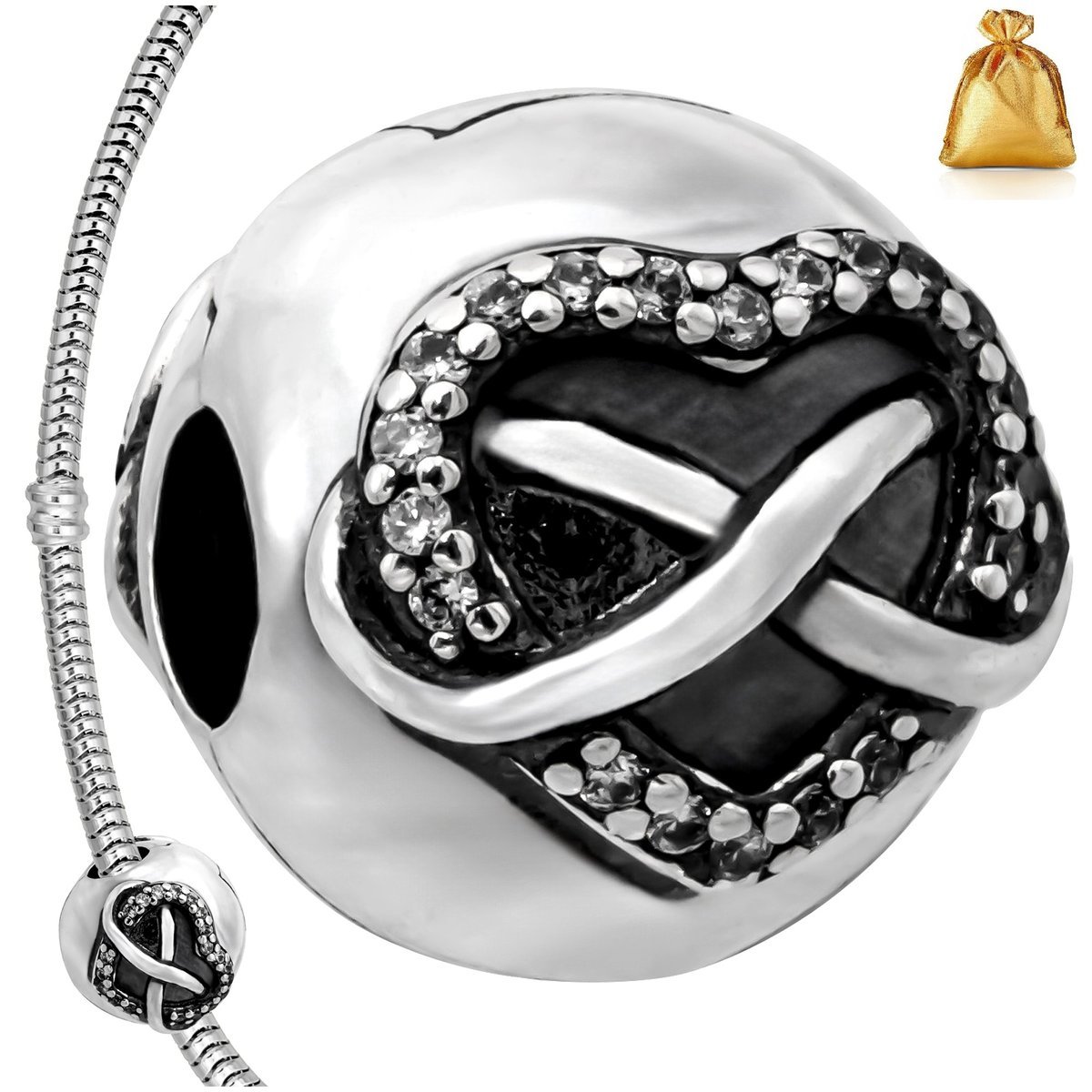 Srebrna Zawieszka Charms Koralik Serce Nieskończoność + Cyrkonie Srebro 925