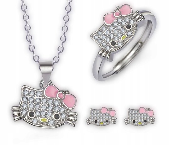 Komplet Naszyjnik Pierścionek Kolczyki Hello Kitty Kotek Cyrkonie Zestaw 3x