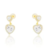 Kolczyki - Srebrne pozłacane kolczyki dwa serca z cyrkoniami sztyfty pr. 925 - miniaturka - grafika 1