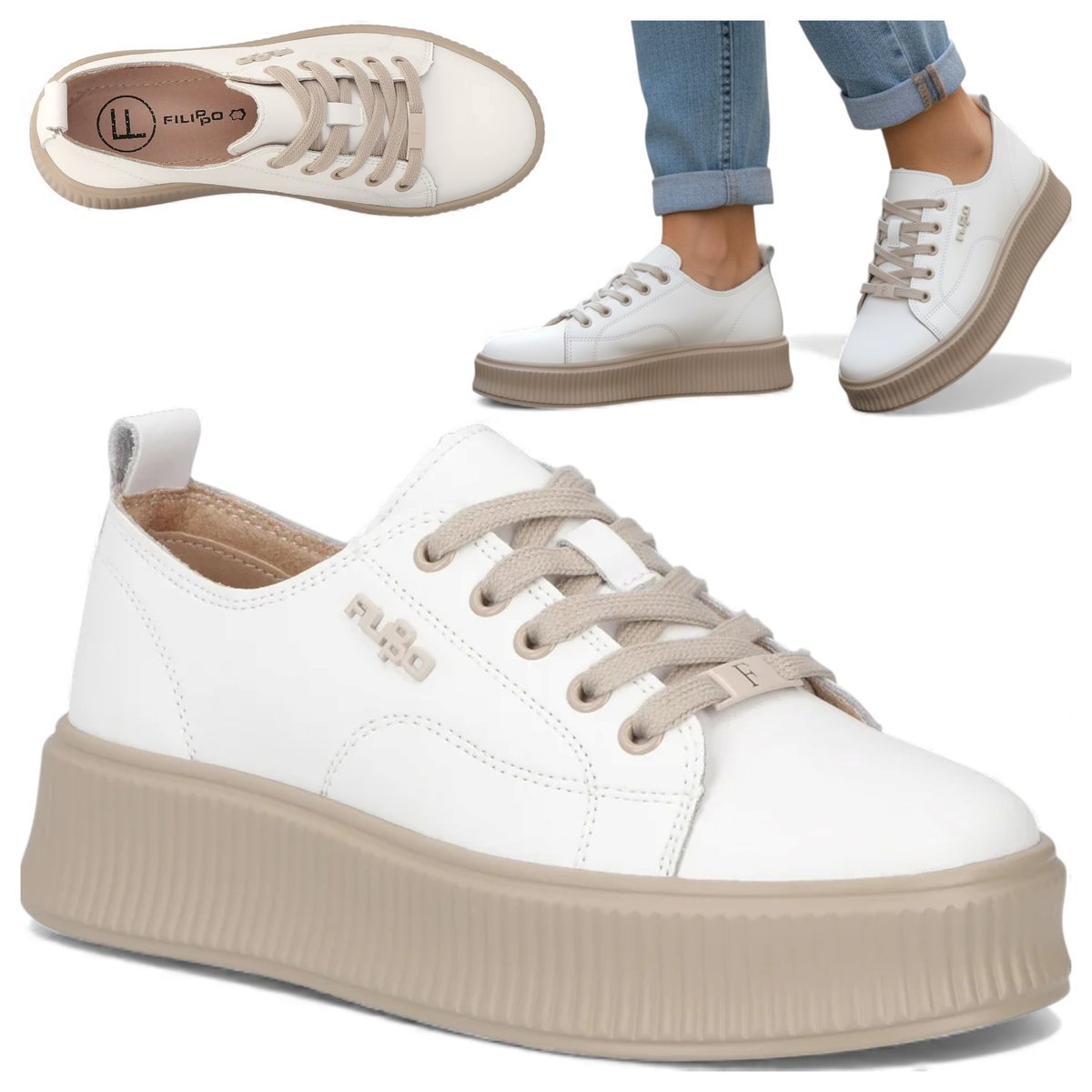 Damskie Sneakersy SKÓRZANE FILIPPO Wygodne Półbuty Białe na Platformie 37