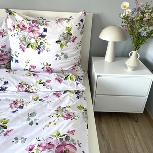 Pościel bawełniana satynowa 160x200 cm POLSKA JABŁONKA LIŚCIE KWIATY BIAŁA - Pościel - miniaturka - grafika 1