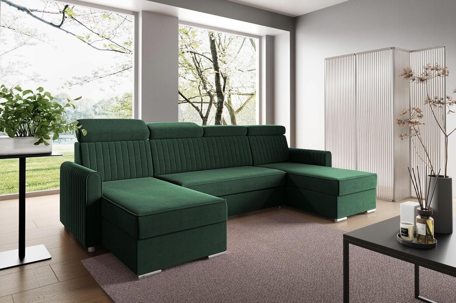 LIKMA Narożnik 274 cm Butelkowa Zieleń Rozkładany NELI Kształt U z Funkcją Spania (254x125 cm) i Pojemnikiem na Pościel Sofa z Regulowanymi Zagłówkami