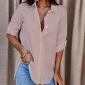 Koszule damskie - Długa prosta koszula damska z podwijanymi rękawami - Różowy - miniaturka - grafika 1