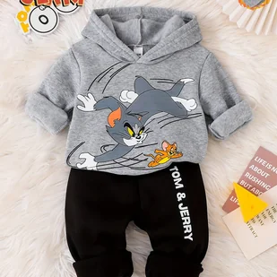 TEMU Series Chłopięca Jesienno-Zimowa Bluza z Kapturem Tom & "Tom Goni " z Polarową Podszewką i Spodnie z Nadrukiem Liter, Czarne Proste Długie - Dresy i komplety dla chłopców - miniaturka - grafika 1