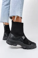 Botki damskie - Czarne botki sneakersy skarpeta na platformie z klamrami Casu SJ2126-1-37 - miniaturka - grafika 1