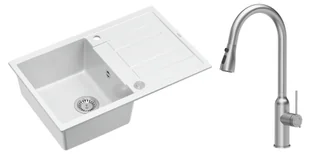 Quadron Unique Zlewozmywak granitowy jednokomorowy 78*50*22 cm z ociekaczem MORGAN 111 SNOW WHITE z syfonem Push-2-Open w kolorze stalowym z baterią JESSICA Q LINE z wyciąganą wylewką i funkcją prysznica kolor stal szczotkowana - Zlewozmywaki z baterią - miniaturka - grafika 1