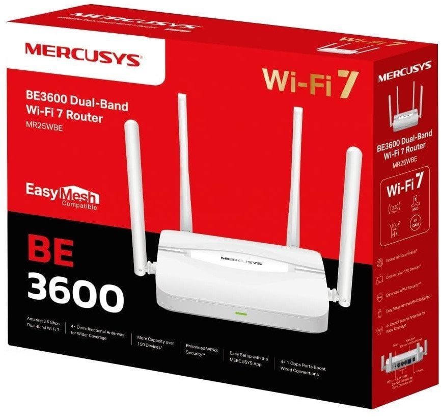 Mercurysys MERCUSYS MR25WBE EasyMesh WiFi7 router BE3600, 2,4GHz/5GHz,1xGbEWAN,3xGbELAN