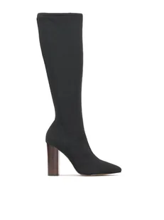 Kozaki z elastycznej tkaniny na brązowym obcasie - Kozaki damskie - miniaturka - grafika 1