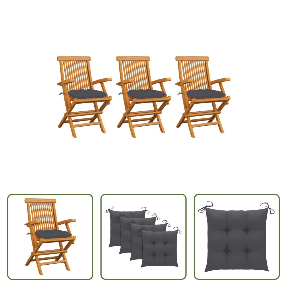 The Living Store krzesła ogrodowe z antracytowymi poduszkami 3 szt. Lite drewno tekowe