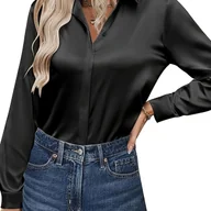 Koszule damskie - TEMU Koszula Satynowa Damska z Długim Rękawem, Casualowa, z Guzikami, Formalna, , z Wiązaniem w Talii - miniaturka - grafika 1