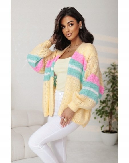 Kardigan Damski Oversize Wełna Akryl Żółty Modny Sweter Narzutka Pasy