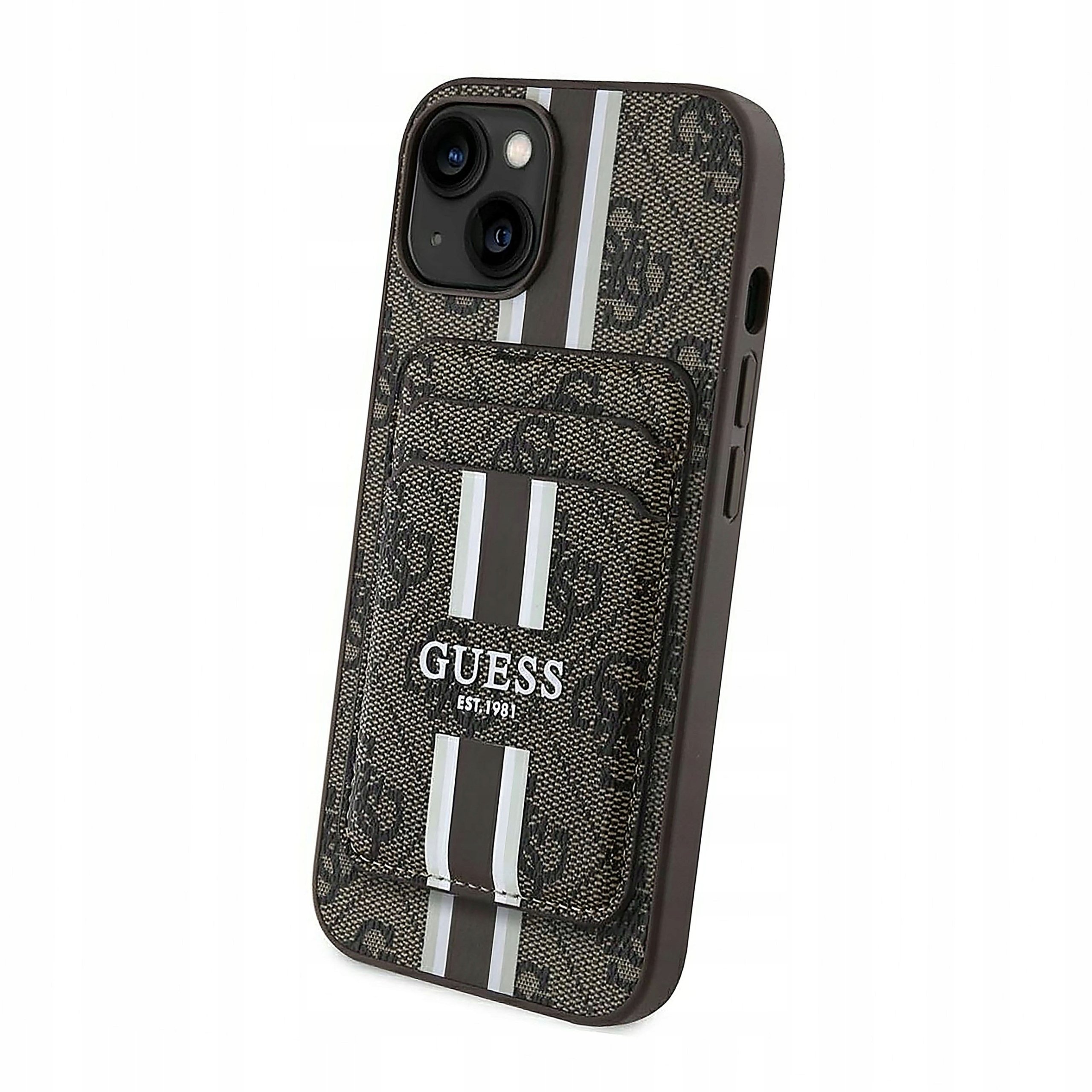 Plecki Etui Guess 4G Stripes z portfelem Magsafe do iPhone 15 brązowy