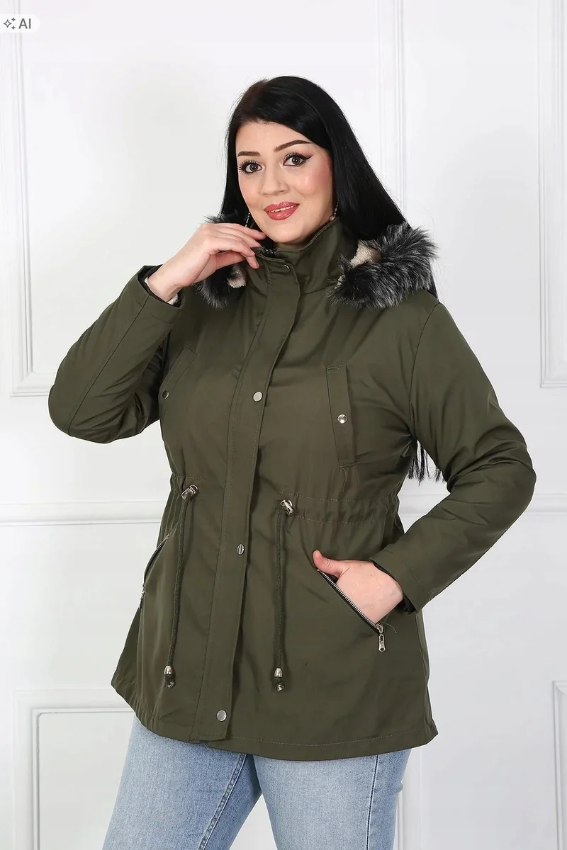 KURTKA DAMSKA PARKA Z KAPTUREM FUTERKO OLIVE GREEN 48 5IA