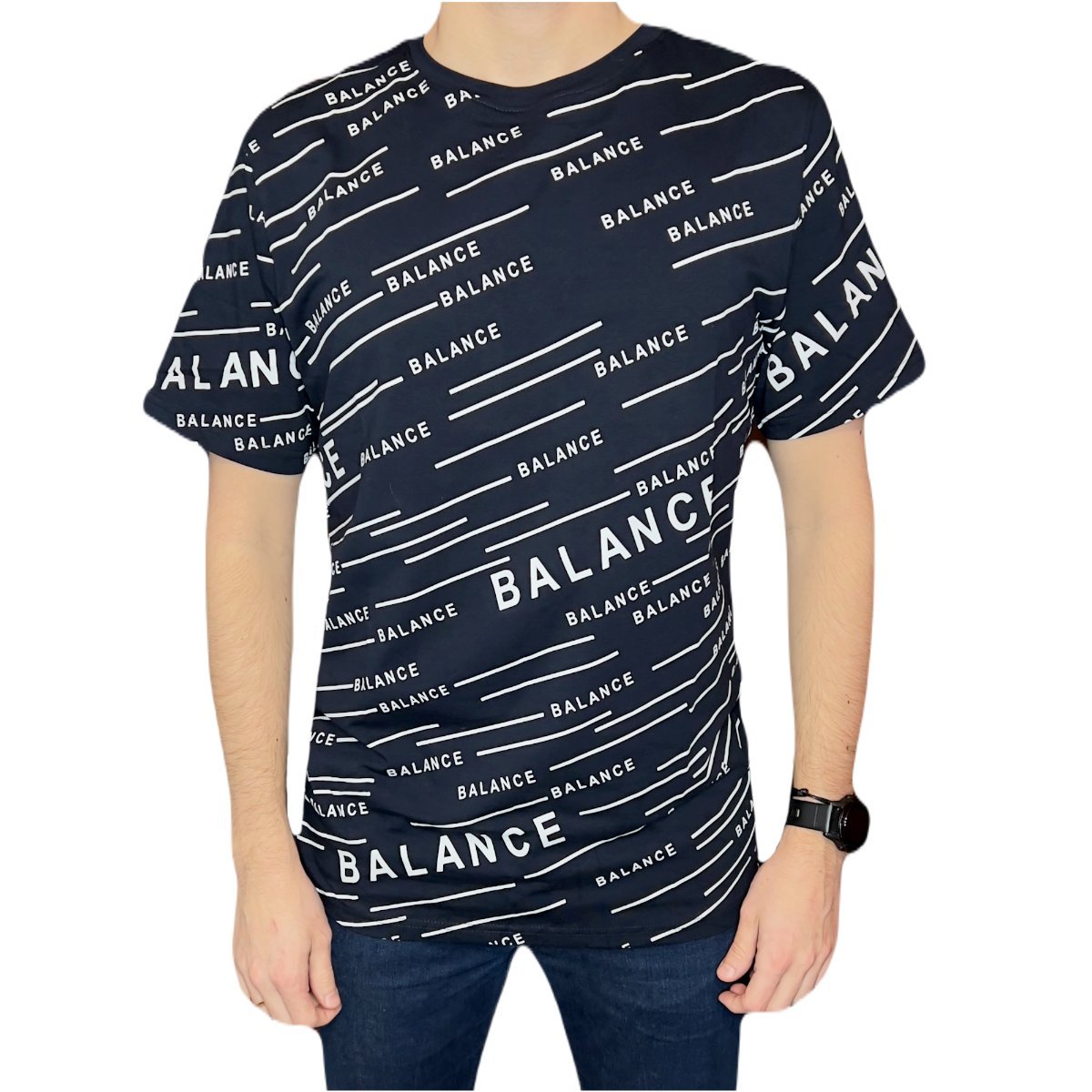 T-shirt męski granatowy okrągły dekolt napis biały balance M