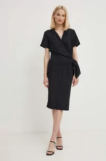 Sukienki - Sisley sukienka lniana kolor czarny midi prosta - grafika 1