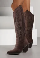 Kozaki damskie - Ciemnobrązowe Kozaki Kowbojki na Stożku z Cholewką w Cyrkoniowy Wzór Nalimia - miniaturka - grafika 1