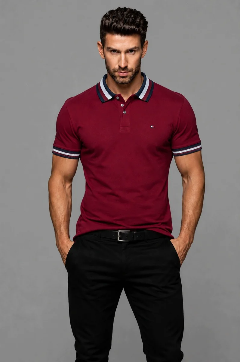 Tommy Hilfiger deep rouge bordowa koszulka polo męska z logo rozmiar L
