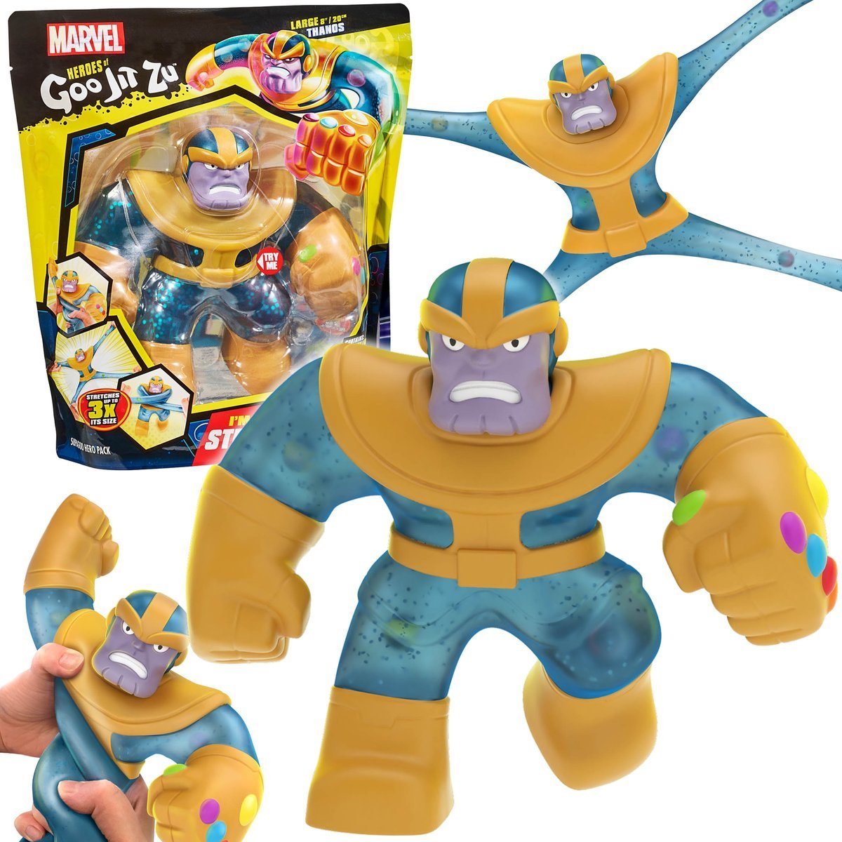 Goo Jit Zu MARVEL Thanos ROZCIĄGLIWA figurka 20 cm, GNIOTEK dla dzieci, żelowe wypełnienie 4+