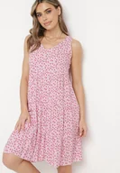 Sukienki - Różowa Bawełniana Sukienka w Kwiaty z Falbanką Rissafa - miniaturka - grafika 1