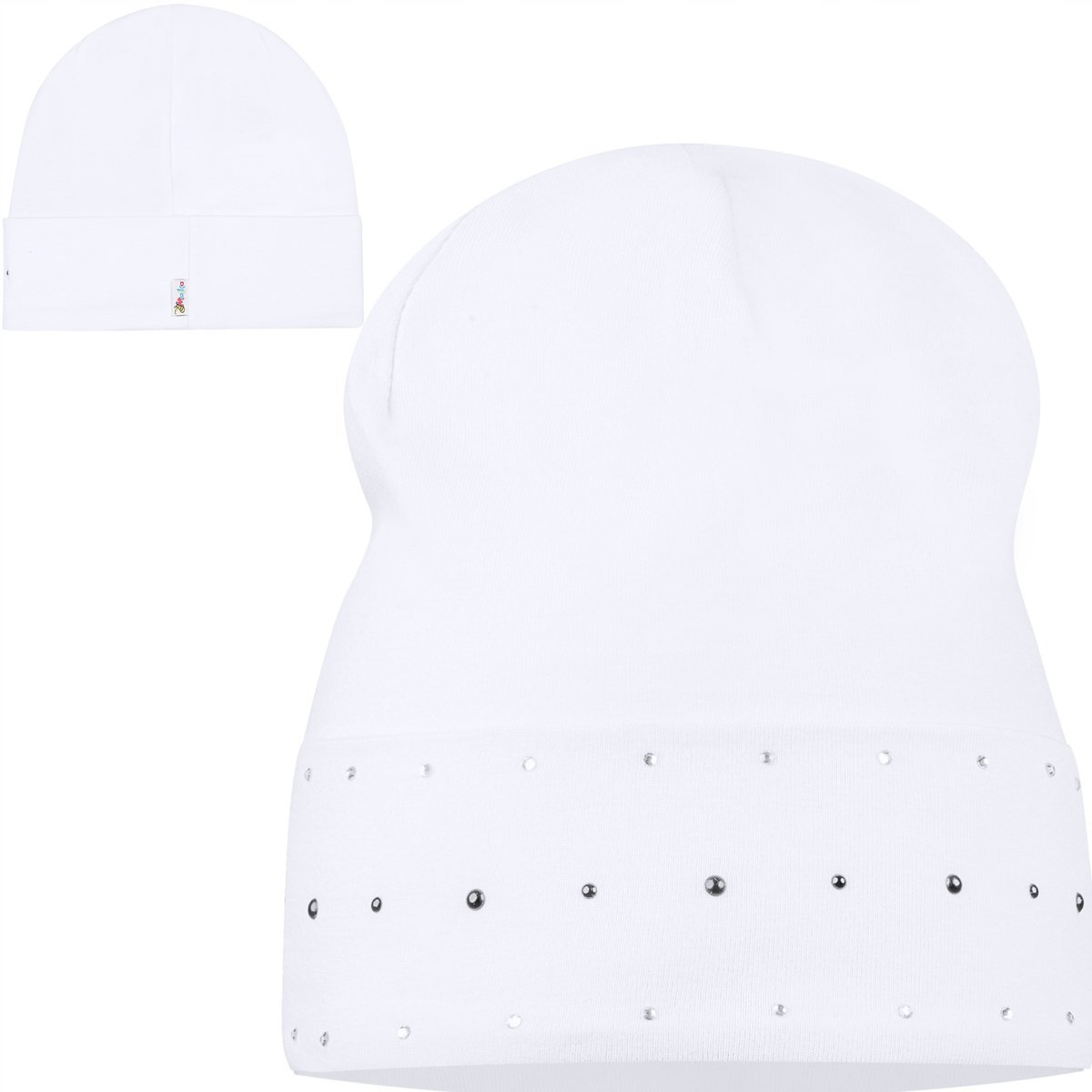 Czapka Czapeczka 46/48 Bawełniania Dziewczęca Ozdobna Dżety Biała Biel